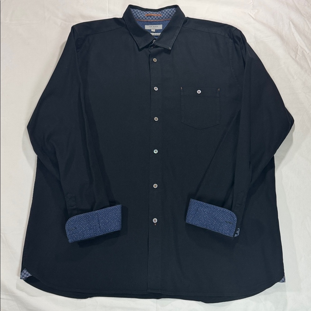 Ted Baker London Mens Black Designer Long Sleeve Shirt Size 7 Blue Print Cotton